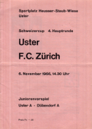 FC Uster - FC Zürich, 6. 11. 1966, Schweizercup 4. Hauptrunde, Heusser-Staub Wiese, Offizielles Programm