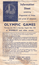XIVth Olympiad London 1948, Olympic Games July 29th to 14th Aug., Information Sheet